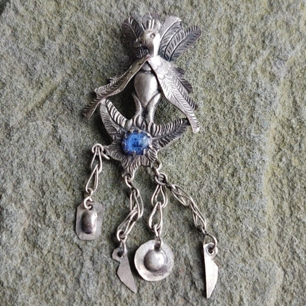 Antique Peruvian Peacock Shawl Pin/Brooch Cabochon Blue Stone Silver Ove… - Picture 5 of 10